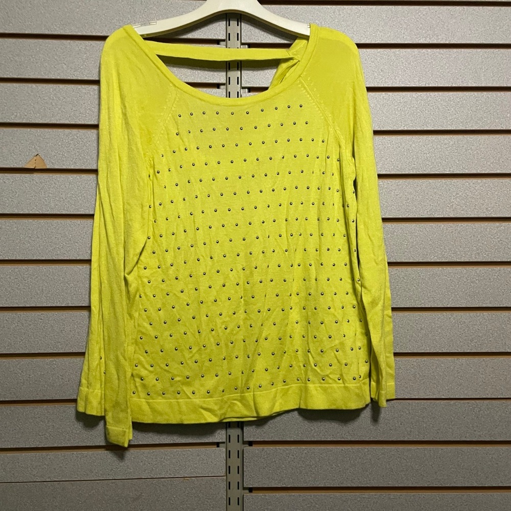 Jennifer Lopez XL Chartreuse Studded Drape Open Back Long Sleeve Top Blouse